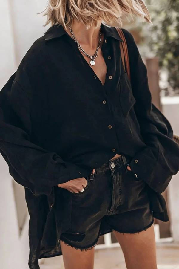 Go To The Beach Linen Blend Pocketed Long Sleeve Oversized Shirt