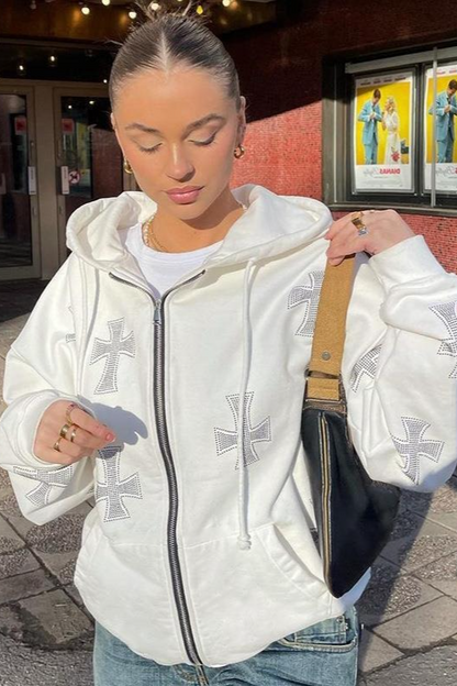 Cross Rhinestone Full-Zip Loose Hoodie