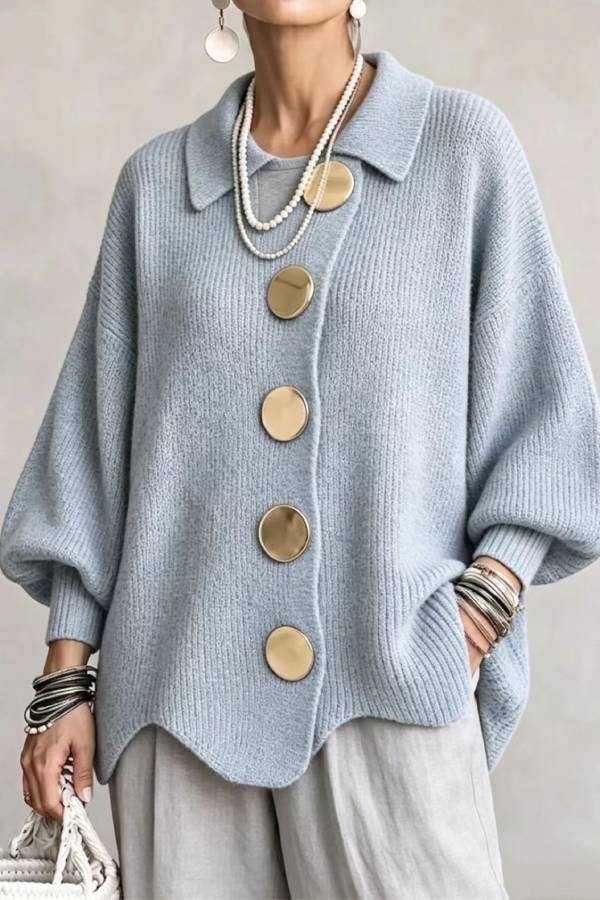 Big Metal Button Collared Lantern Sleeve Knit Cardigan