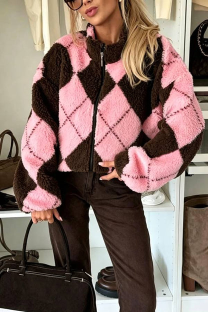 Rhomboid Geometric Pattern Teddy Bear Fleece Material Contrast Color Long Sleeve Pocket Zipper Coat