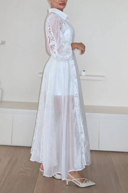 Exquisite Lace Embroidery Lapel Maxi Dress