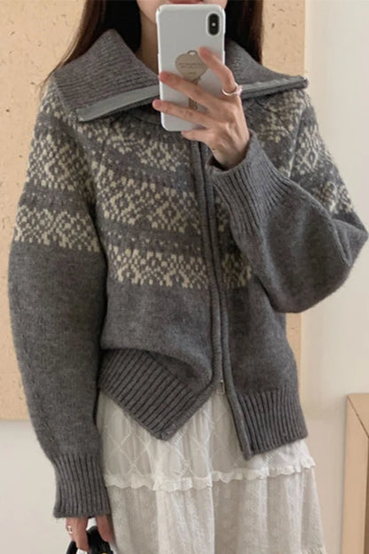 Ribbed Knit Fair Isle Zip Cardigan