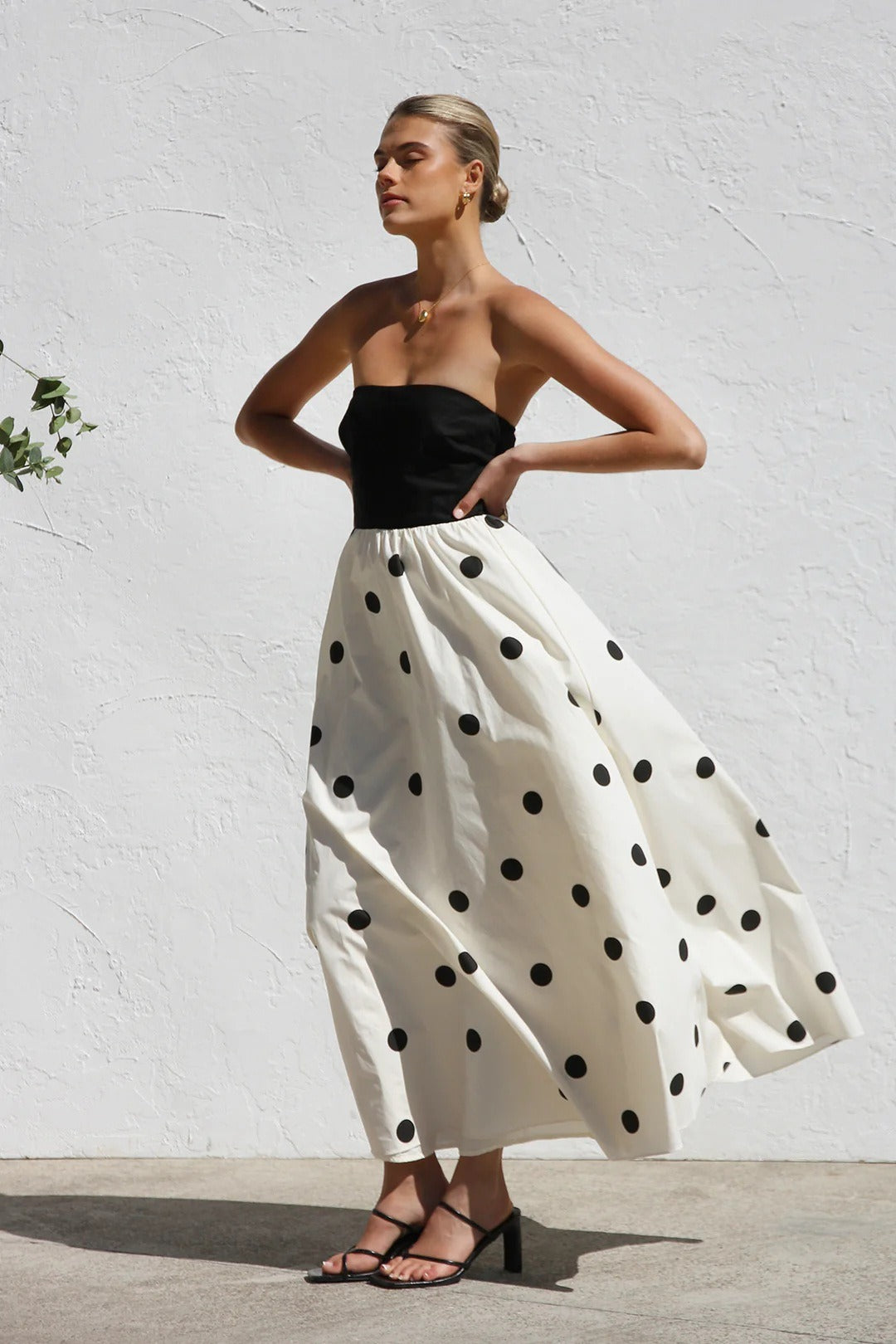 Polka Dot Strapless Solid Bodice A-Line Maxi Dress
