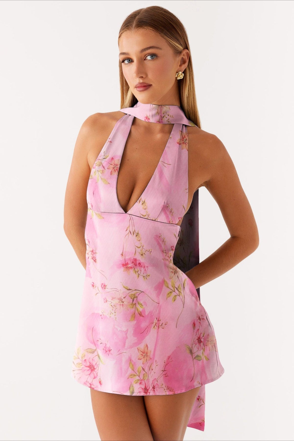 Deep V Neck Backless Tie Detail Mini Floral Dress
