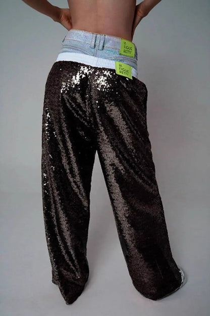 Sequin Color Block Slim Loose Pants