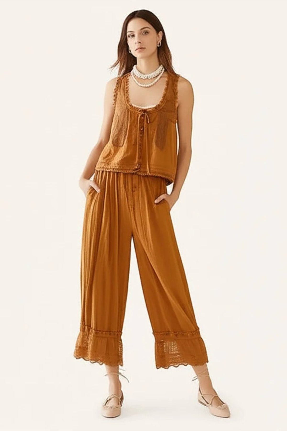 Patchwork Lace Sleeveless Top Boho Pants Set