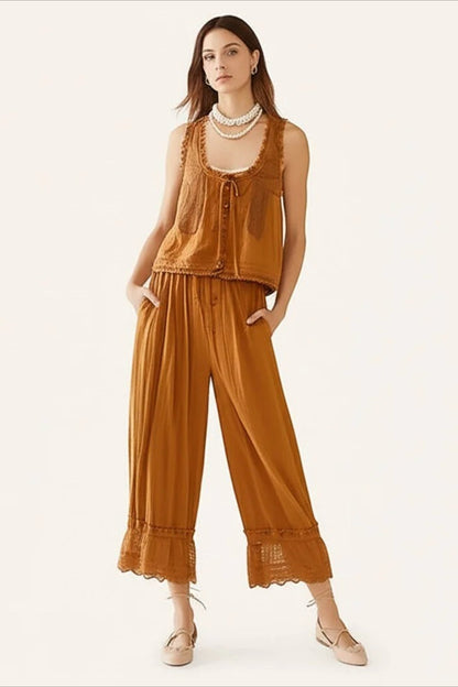 Patchwork Lace Sleeveless Top Boho Pants Set