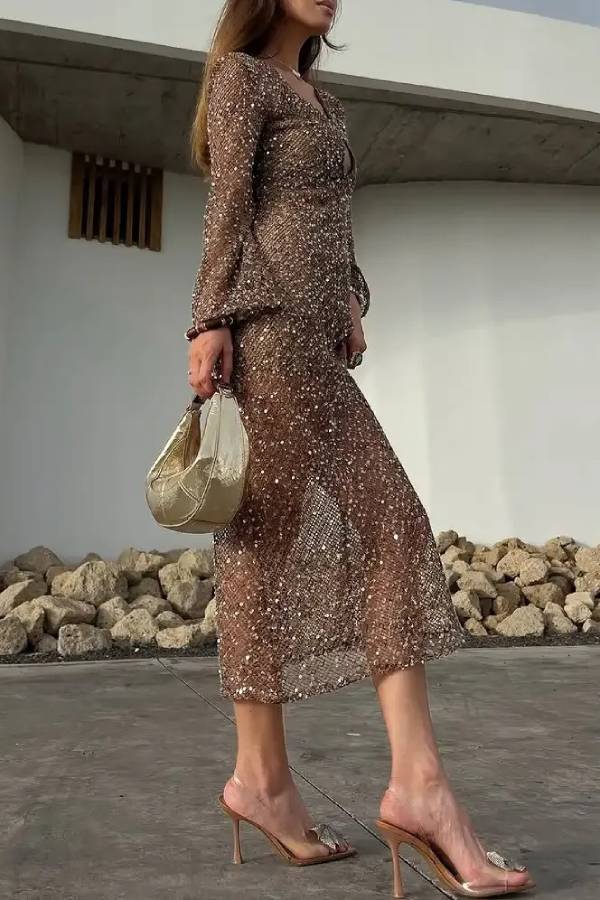 Sequined V-Neck Flared Sleeve Bodycon Maxi Dress