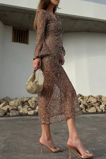 Sequined V-Neck Flared Sleeve Bodycon Maxi Dress