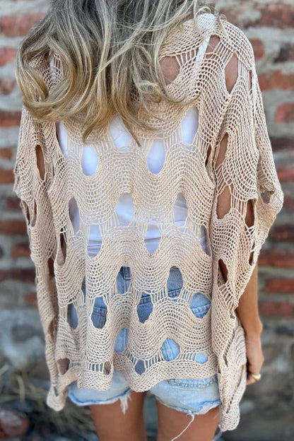 Solid Color Loose-fitting Openwork Casual Knit Top