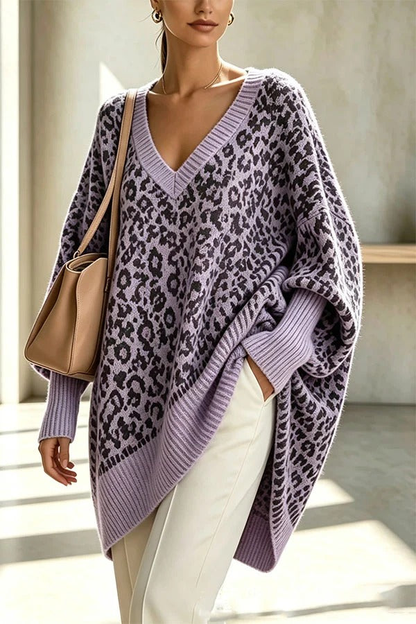 Relaxed Style Knit Leopard Print V-neck Batwing Sleeve Loose Sweater