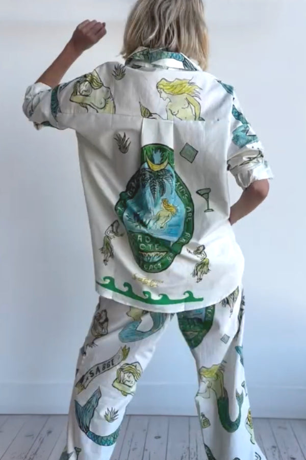 Linen-blend Mermaid-print Shirt Top and Elastic-waisted Loose Pants Set