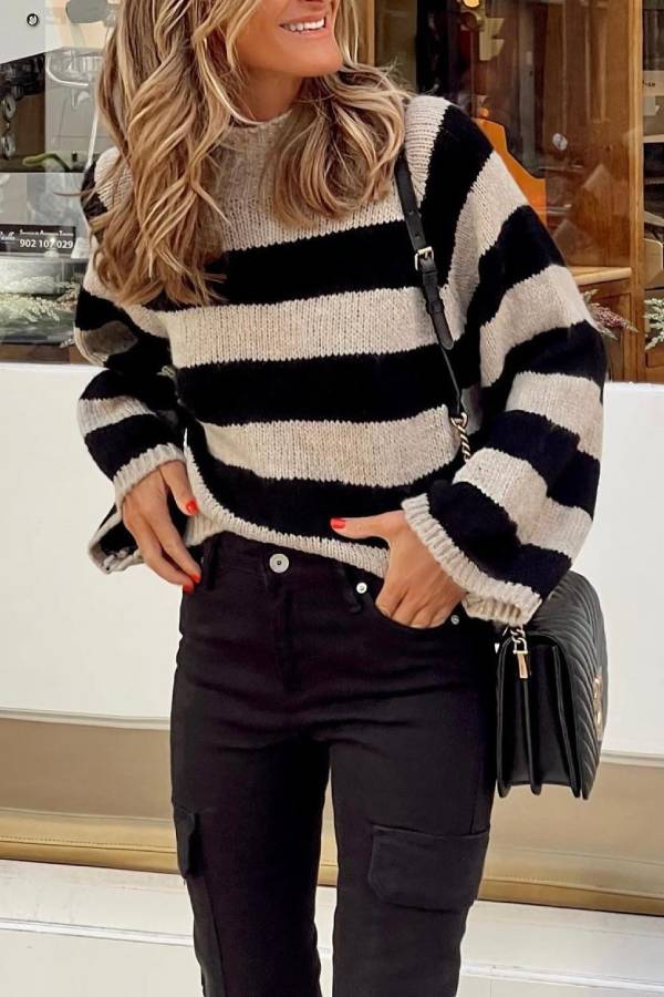 Black and white wide striped high-neck loose knit sweater