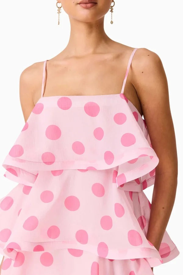 Polka Dot Print Layered Square Neck Suspender Casual A-line Maxi Dress