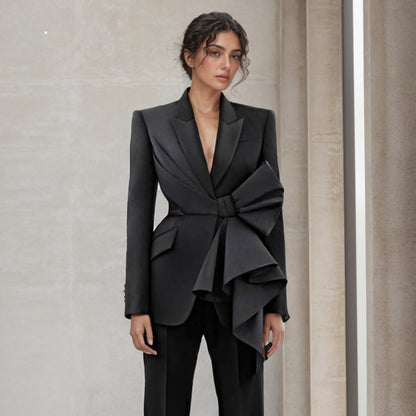 Temperament Black Notched Collar Long Sleeve Spliced Diamonds Slimming Blazer