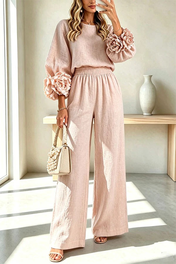 Linen Blend Floral Cuffs Sleeve Top and Elastic Waist Pocket Pants Set