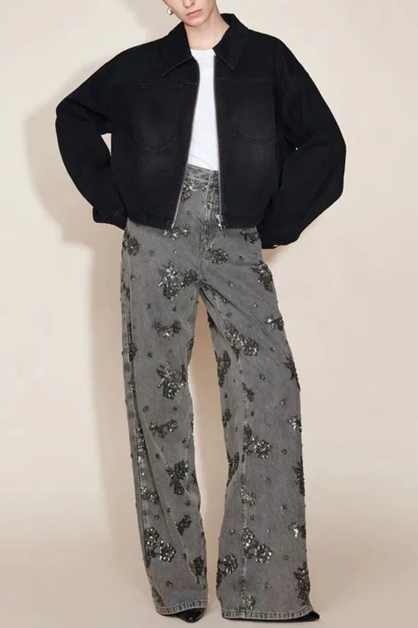 Jhenie Denim Beaded Sequin Floral Pattern Mid Rise Pocket Wide Leg Jeans