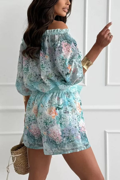 Fiorito Chiffon Floral Print Off Shoulder Top and Elastic Waist Tie-up Loose Shorts Set