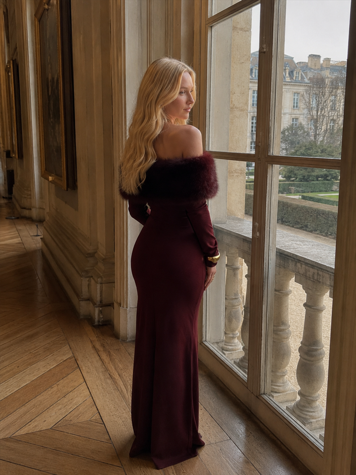 Fur Collar Off Shoulder Bodycon Dress