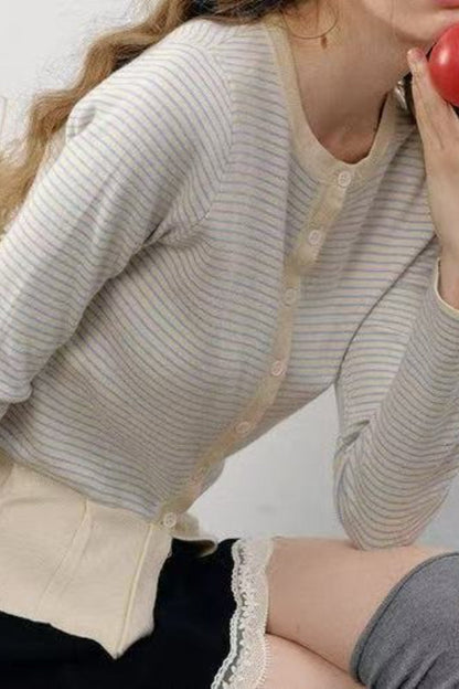 Pleated Hem Stripe Knit Cardigan
