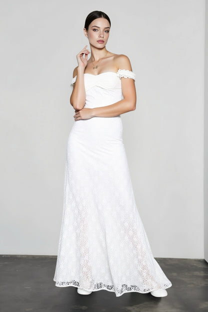 Off Shoulder Sweetheart Neck Floral Lace Scalloped Trim Column Maxi Gown