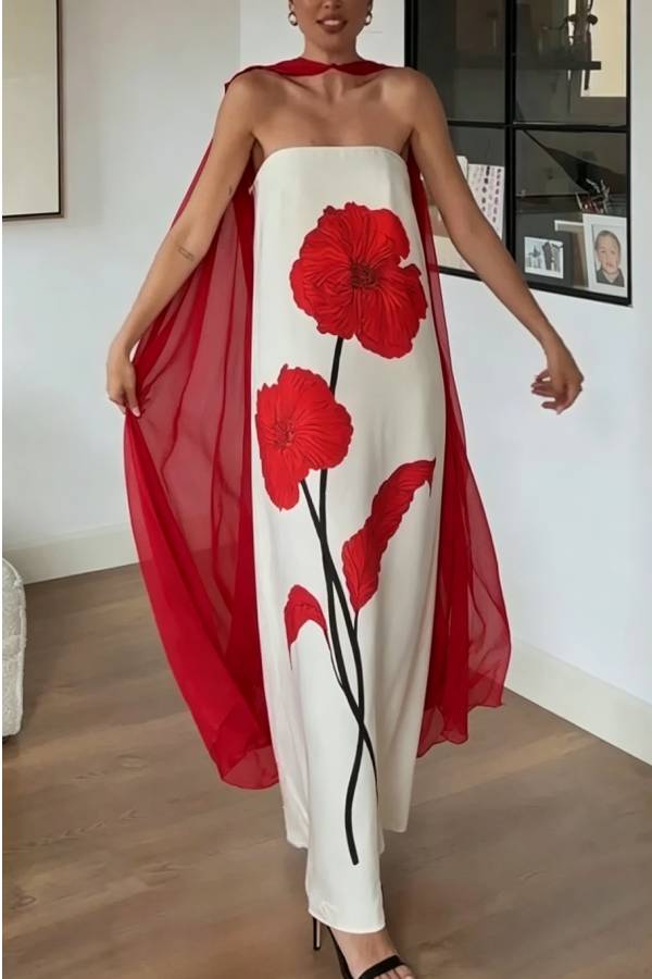 Elisabeth Floral Print Strapless Maxi Dress and Georgette Long Cape Two Pieces Set