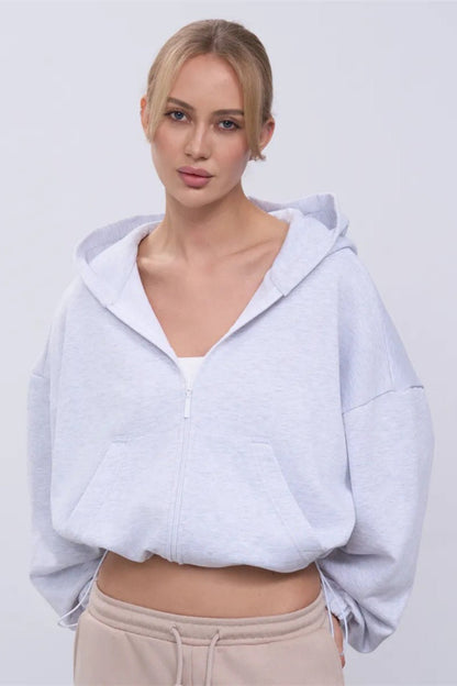 Cropped Fleece Zip Adjustable Waist Hoodie