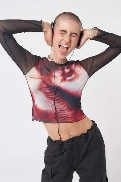 Y2K Crew Neck Slim Color Block Long Sleeve Crop Top