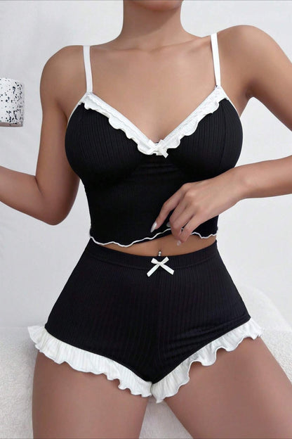 Lace Patchwork Cami Frill Shorts Set