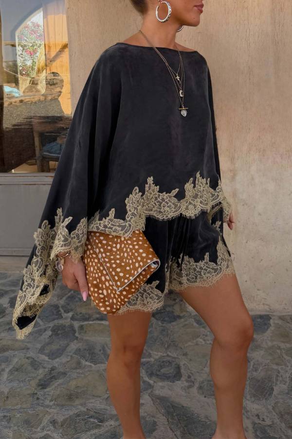 Eye-catching Suede Contrast Lace Trim Draped Shawl and Elastic Waist Pocket Shorts Set