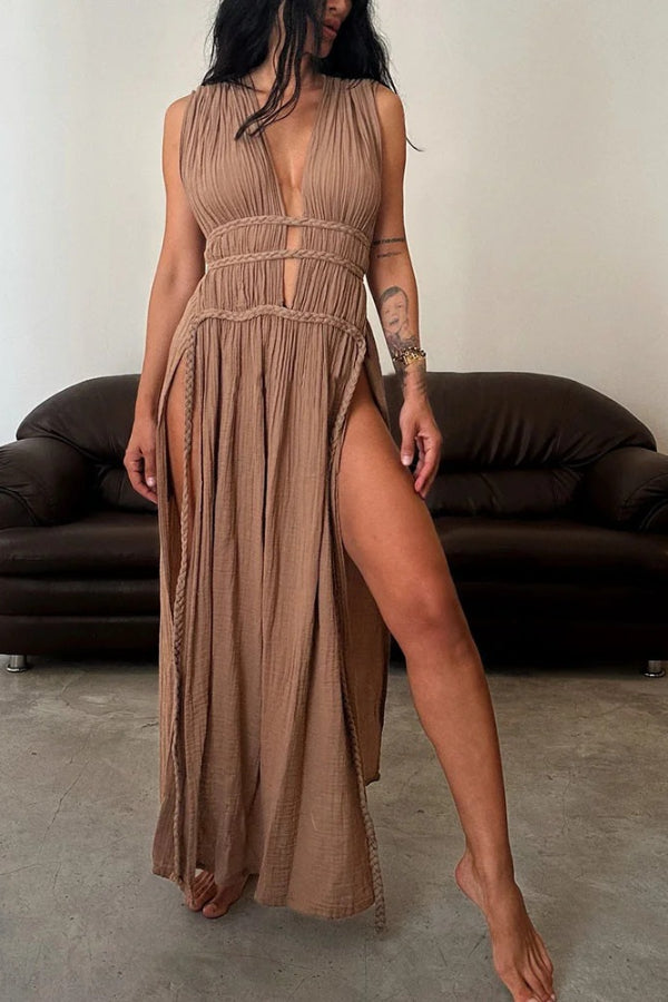 Chic slit braided lace-up cotton and linen dress