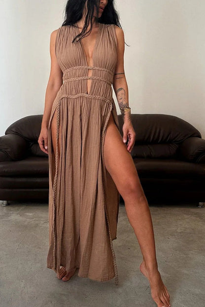 Chic slit braided lace-up cotton and linen dress