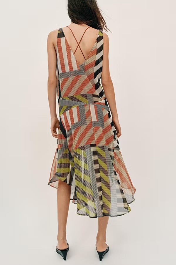 Khloe Patchwork Striped Color Block Print Wide Straps Asymmetric Hem Drape Midi Dress