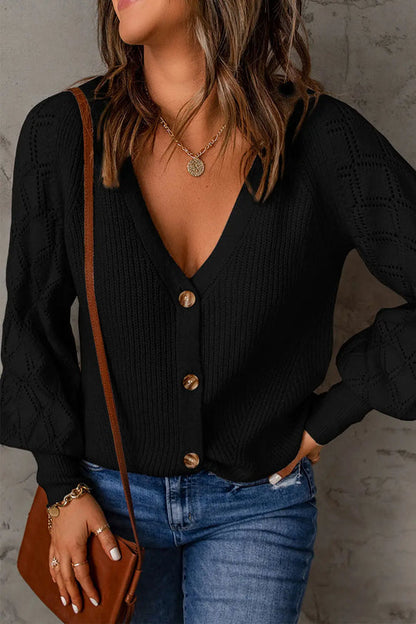 V Neck Long Sleeve Button Down Ribbed Sweatshirts Cardigan