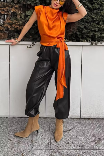 L'Aura Padded-Shoulder Wrap-Around Satin Top