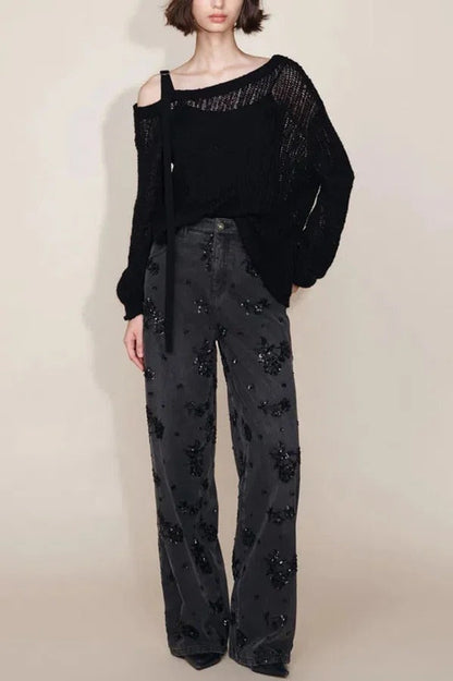 Jhenie Denim Beaded Sequin Floral Pattern Mid Rise Pocket Wide Leg Jeans