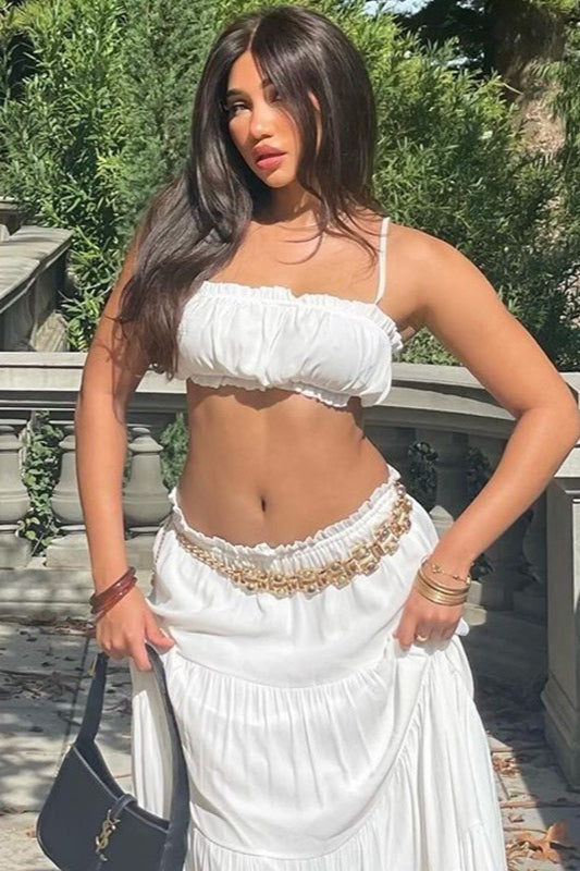 Vacation Style Solid Color Wrap Bodice Halter Skirt Set
