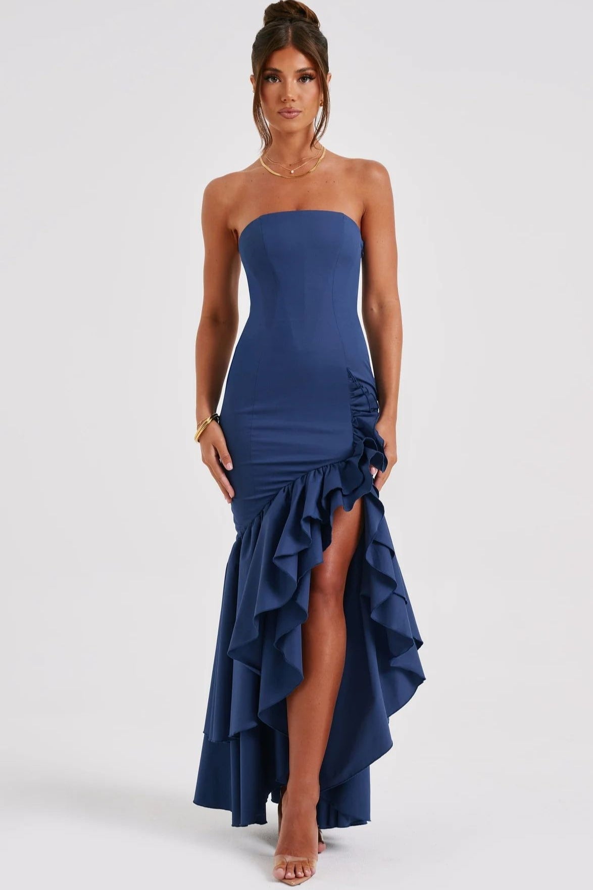 Elegant Strapless Slit Backless Maxi Birthday Dress