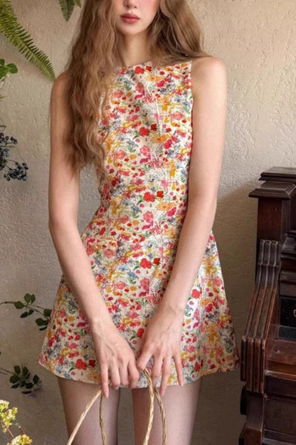 Ditsy Floral Print Crew Neck Ruched Tank Mini Dress