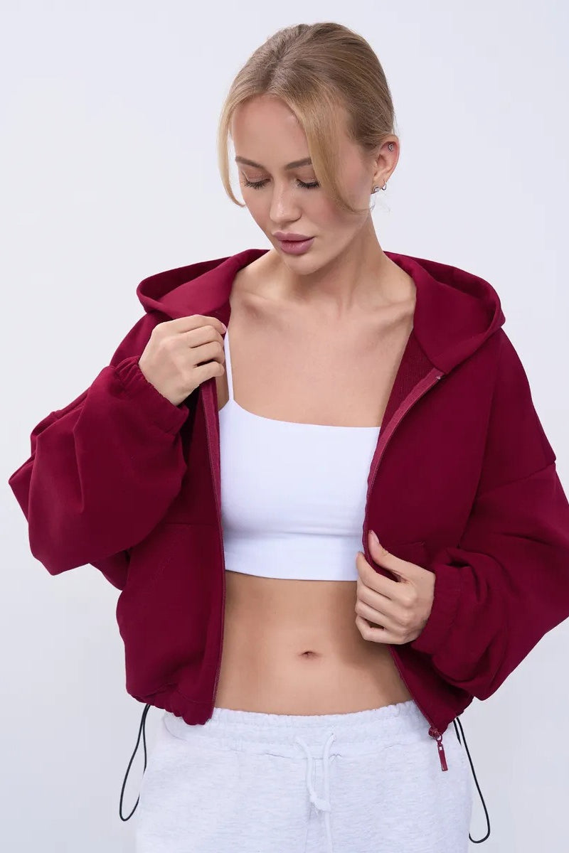 Cropped Fleece Zip Adjustable Waist Hoodie