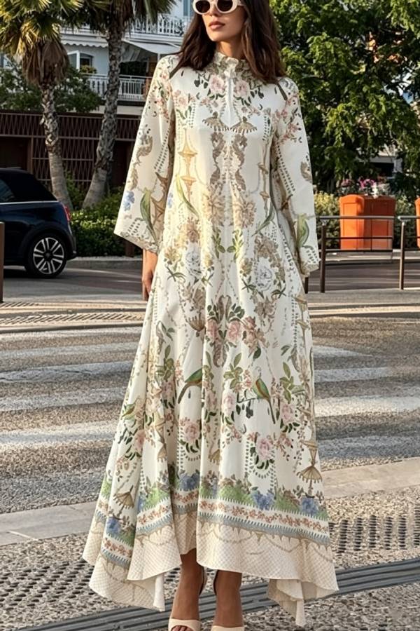 Serene Refinement Unique Art Printed High Tie-up Neck Bell Sleeve Kaftan Maxi Dress