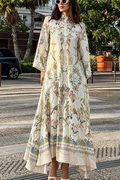 Serene Refinement Unique Art Printed High Tie-up Neck Bell Sleeve Kaftan Maxi Dress