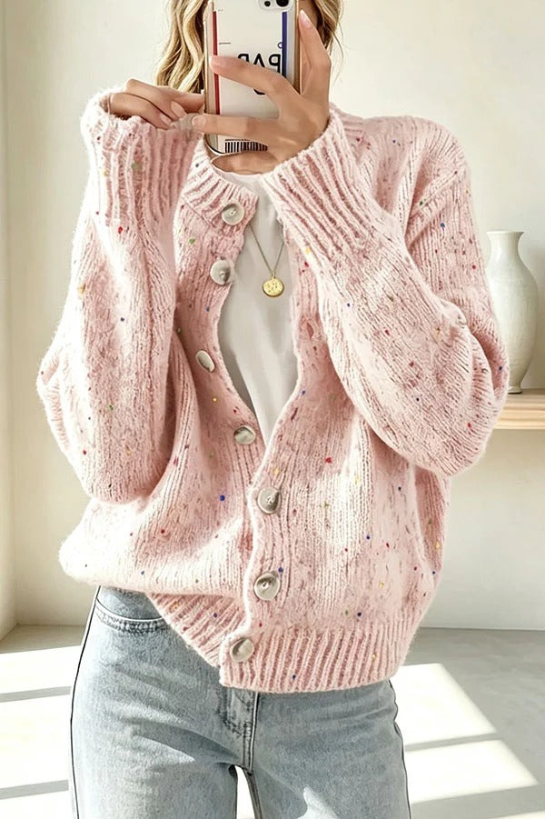 Atmospheric Mixed Color Knit Colorful Dots Button Up Long Sleeve Cardigan