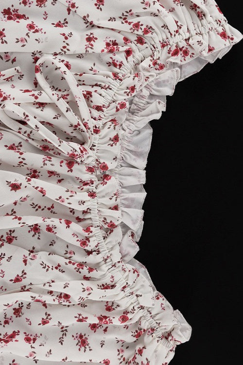 Off Shoulder Puff Sleeve Ruched Waist A Line Floral Dress