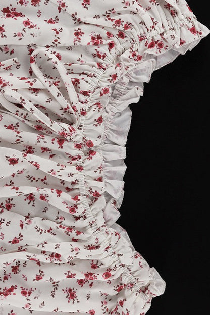 Off Shoulder Puff Sleeve Ruched Waist A Line Floral Dress