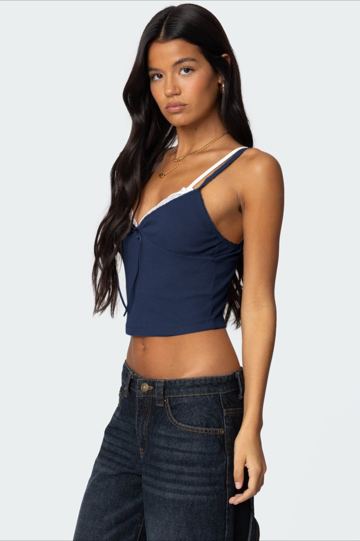 Faux Two Piece Bow Lace Sweet Crop Top