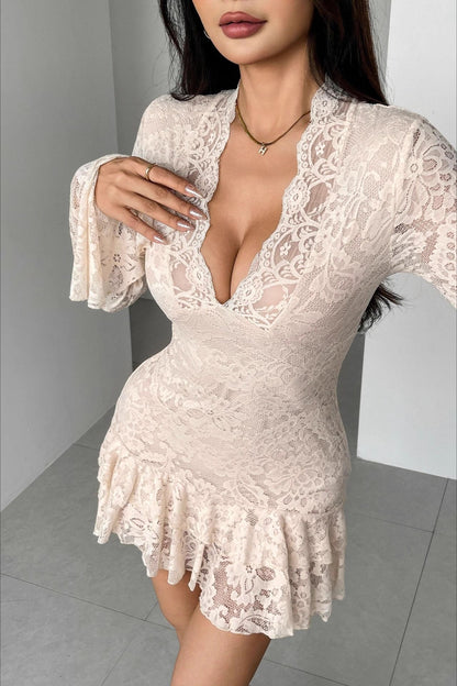 V Neck Ruffled Lace Dress