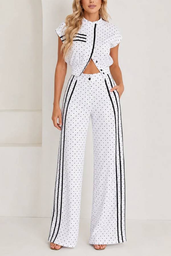 Sporty Polka Dot Striped Print Short Sleeve Jacket and High Rise Elastic Waist Wide Leg Pants Set