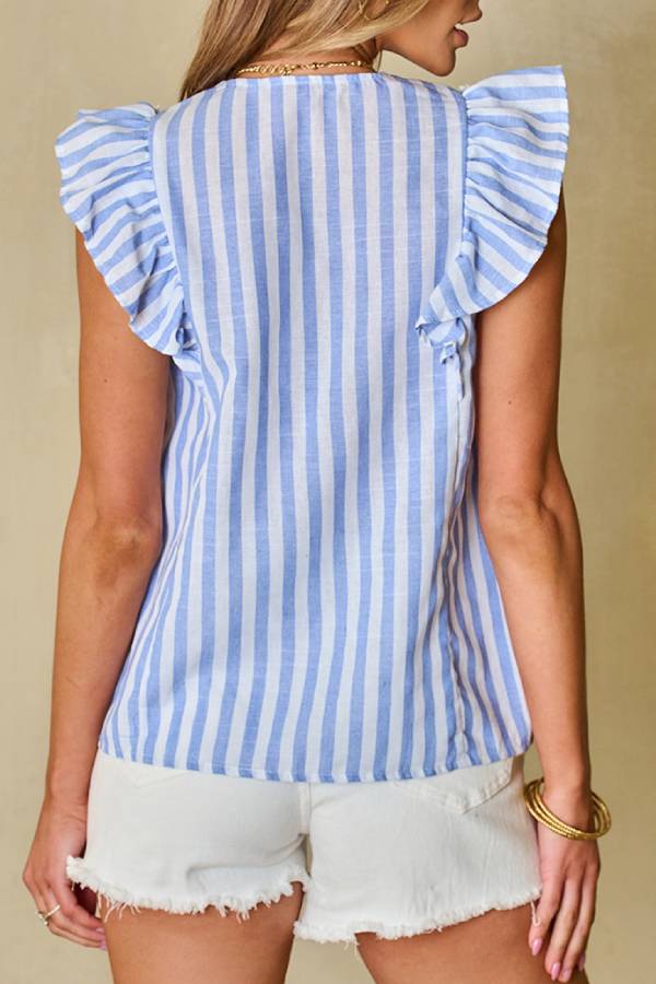 Striped Embroidered Tassel Ruffle Sleeveless Top