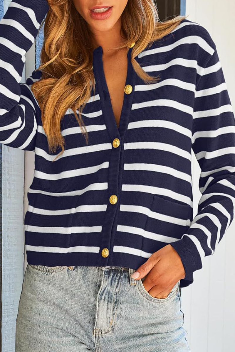 Casual Daily Stripe Buttons Weave O Neck Outerwear